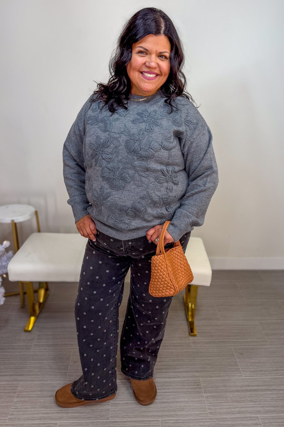 Charcoal Floral Embroidered Sweater Styled