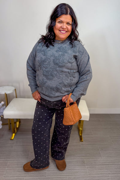 Charcoal Floral Embroidered Sweater Styled