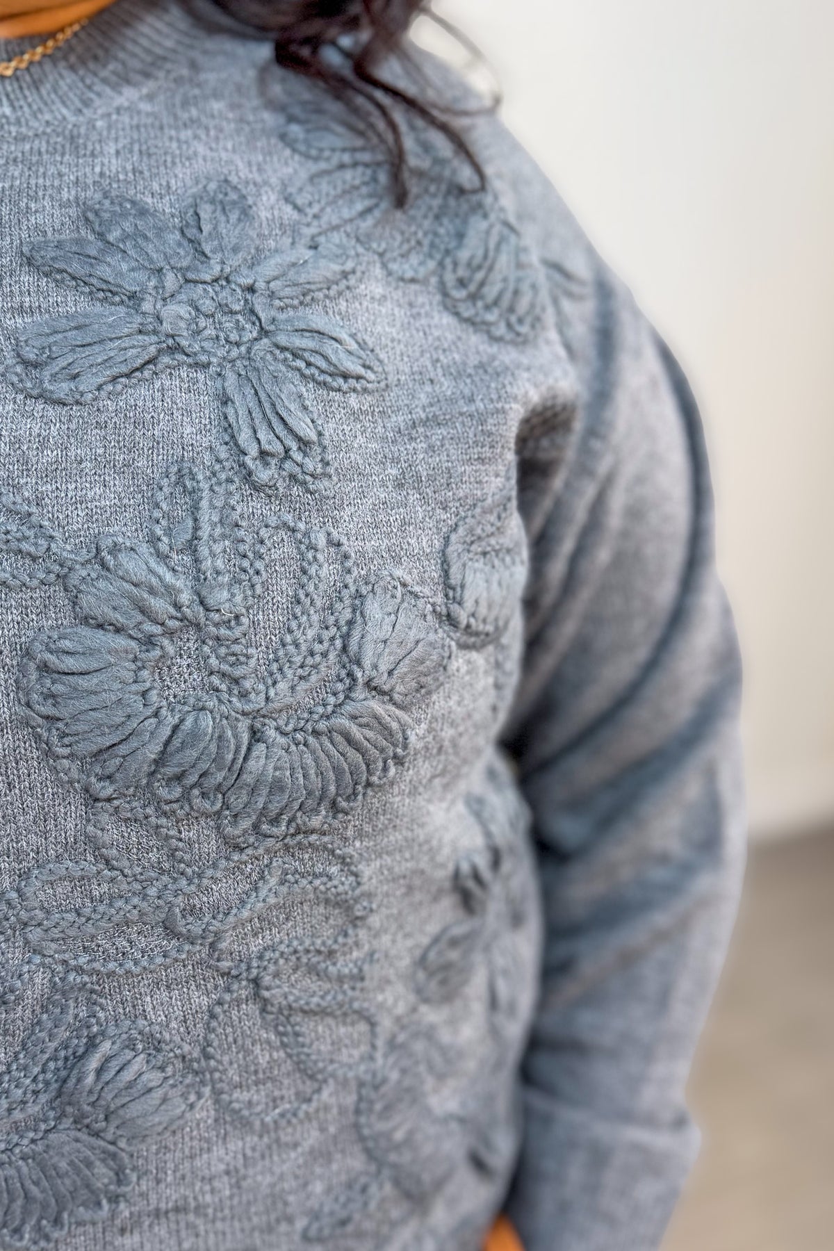 Charcoal Floral Embroidered Sweater Detailed