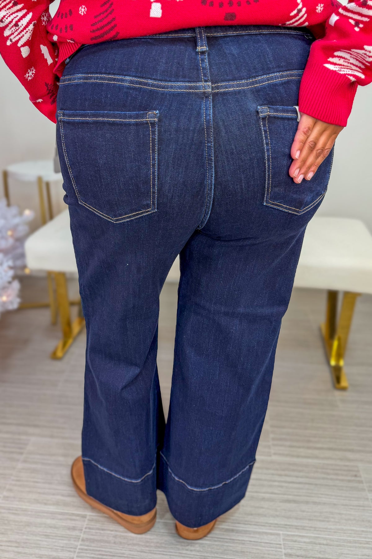 Dark High Rise Crop Wide Seam Denim Back