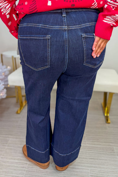 Dark High Rise Crop Wide Seam Denim Back