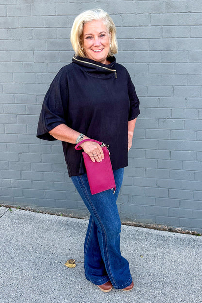 Black Zip Cowl Top styled