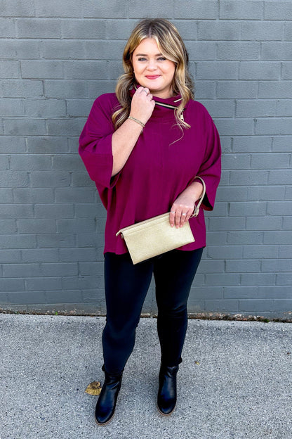 Plum Zip Cowl Top styled