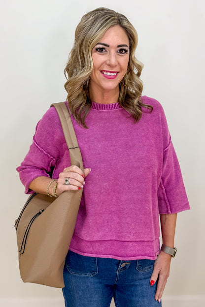 Light Plum 3/4 Sleeve Boxy Sweater