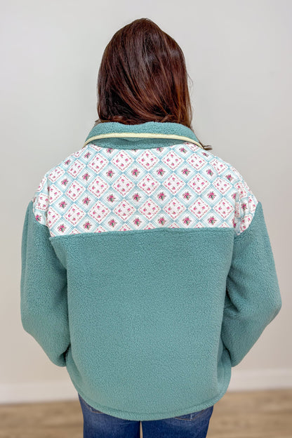 Sage Floral & Fleece Quarter Snap Sweater Back