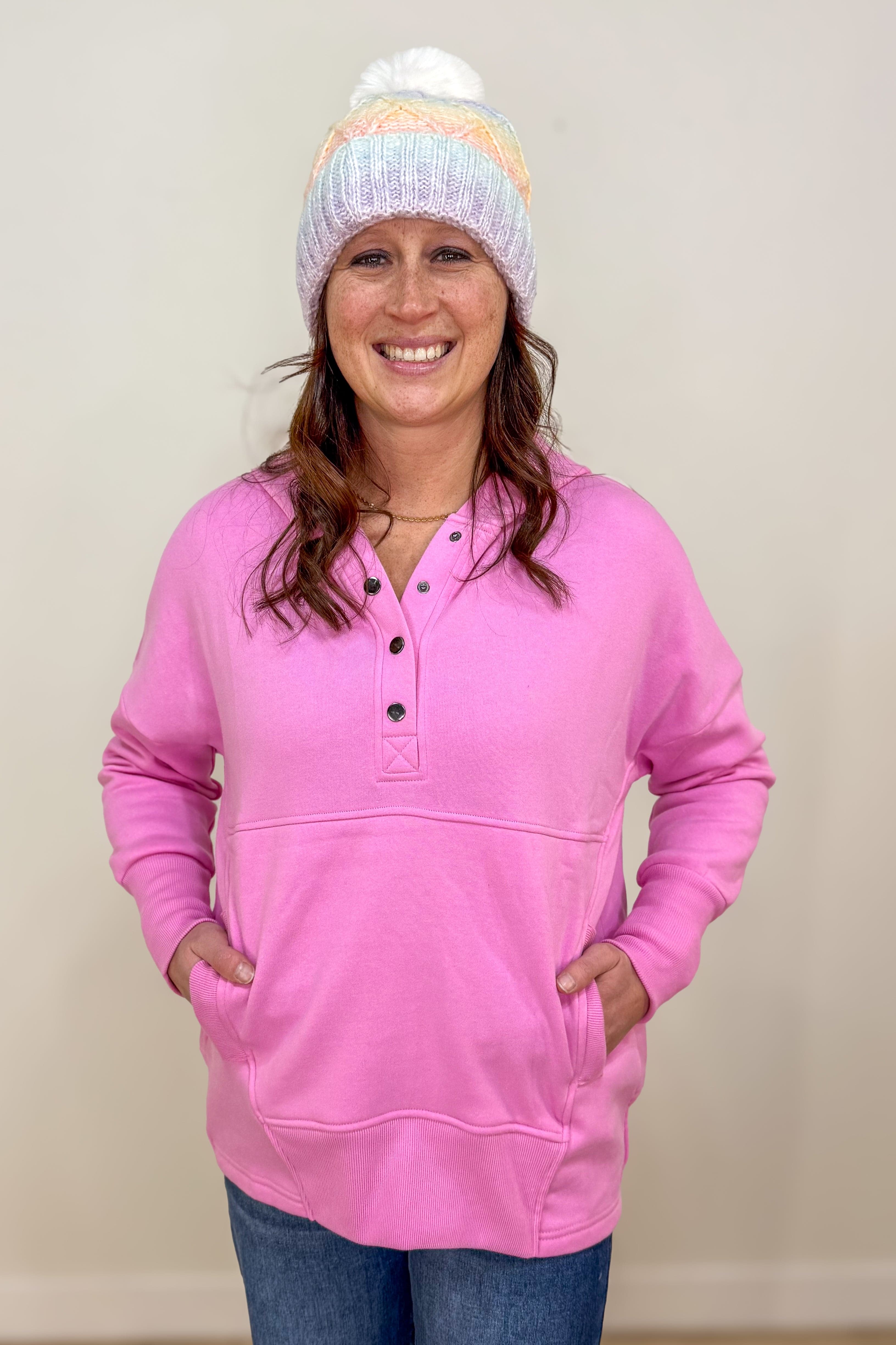 Candy Pink Half Snap Hooded Sweatshirt