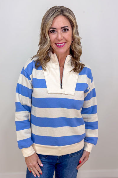 Sky Blue Half Zip Bold Stipe Sweatshirt