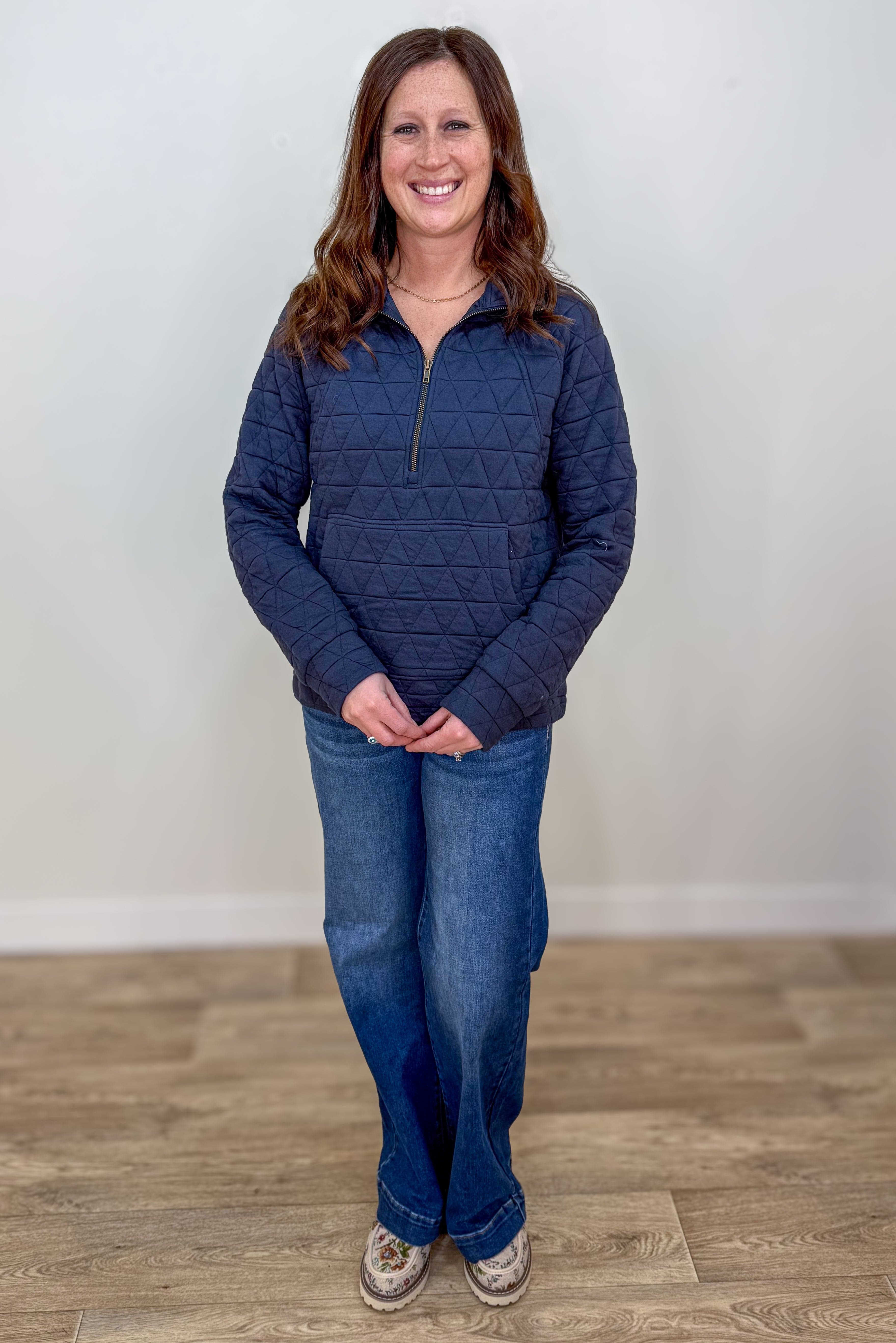 Navy Polar Neck 1/2 Zip Quilted Pullover Styled