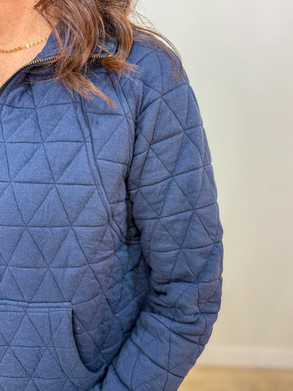 Navy Polar Neck 1/2 Zip Quilted Pullover Detailed