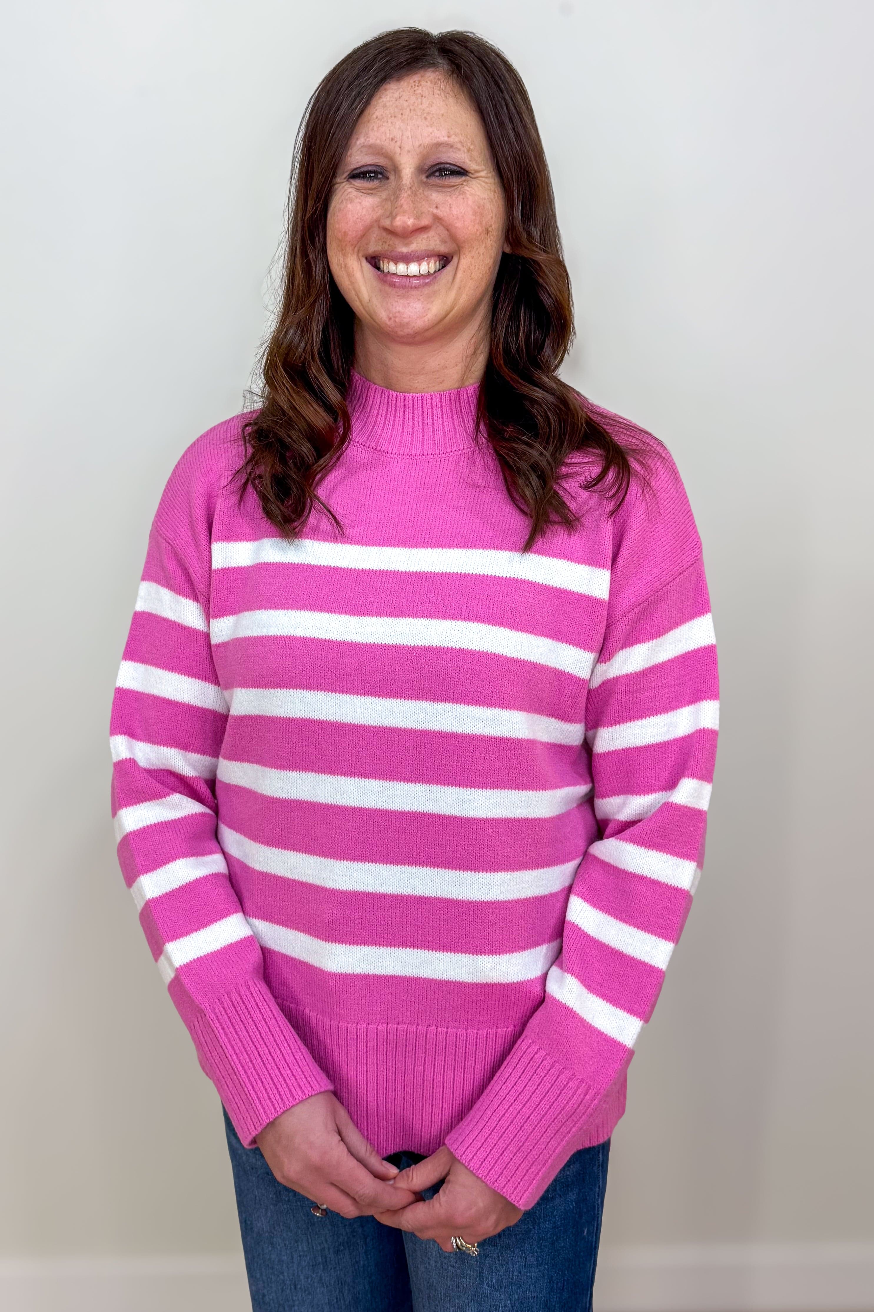 Candy Pink Striped Mock Neck Sweater