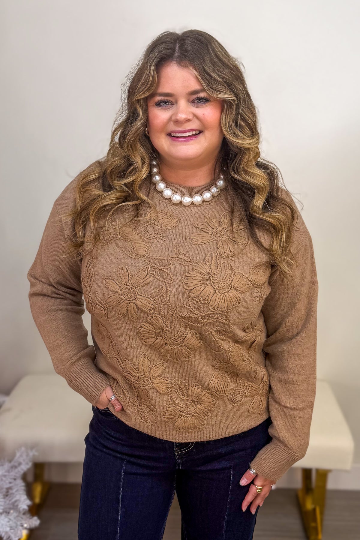 Camel Floral Embroidered Sweater