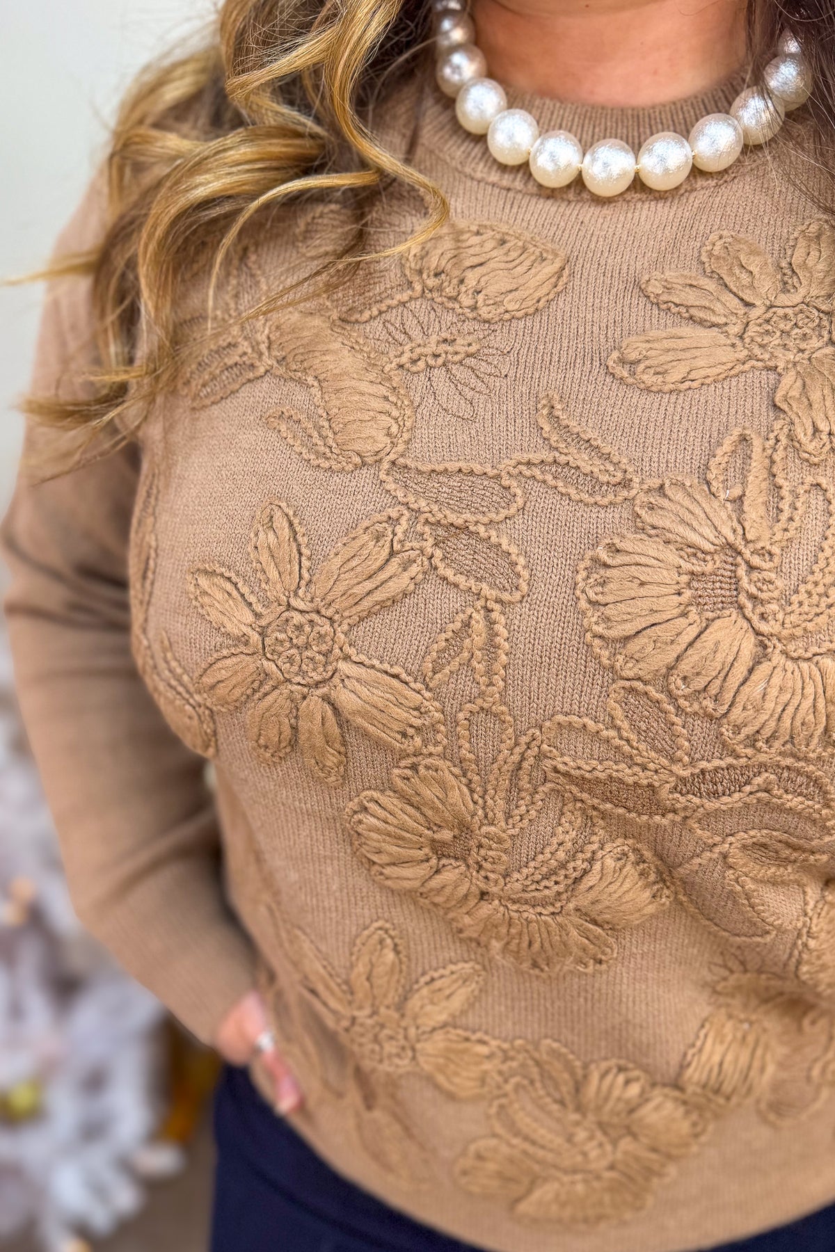 Camel Floral Embroidered Sweater Detailed