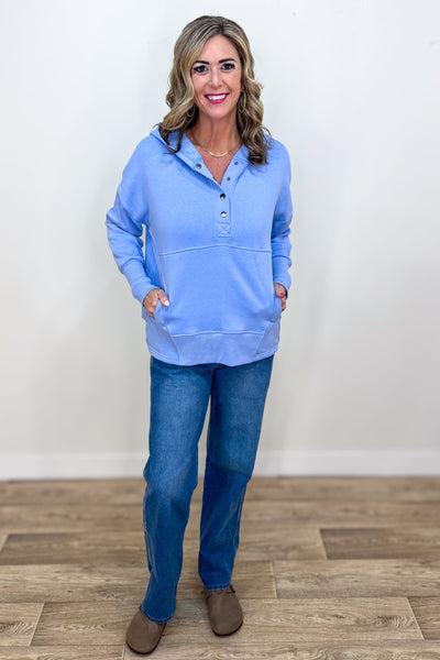 Spring Blue Half Snap Hooded Sweatshirt Styled