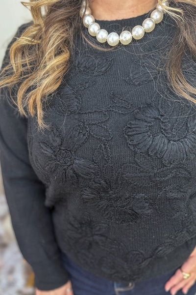 Black Floral Embroidered Sweater Detailed