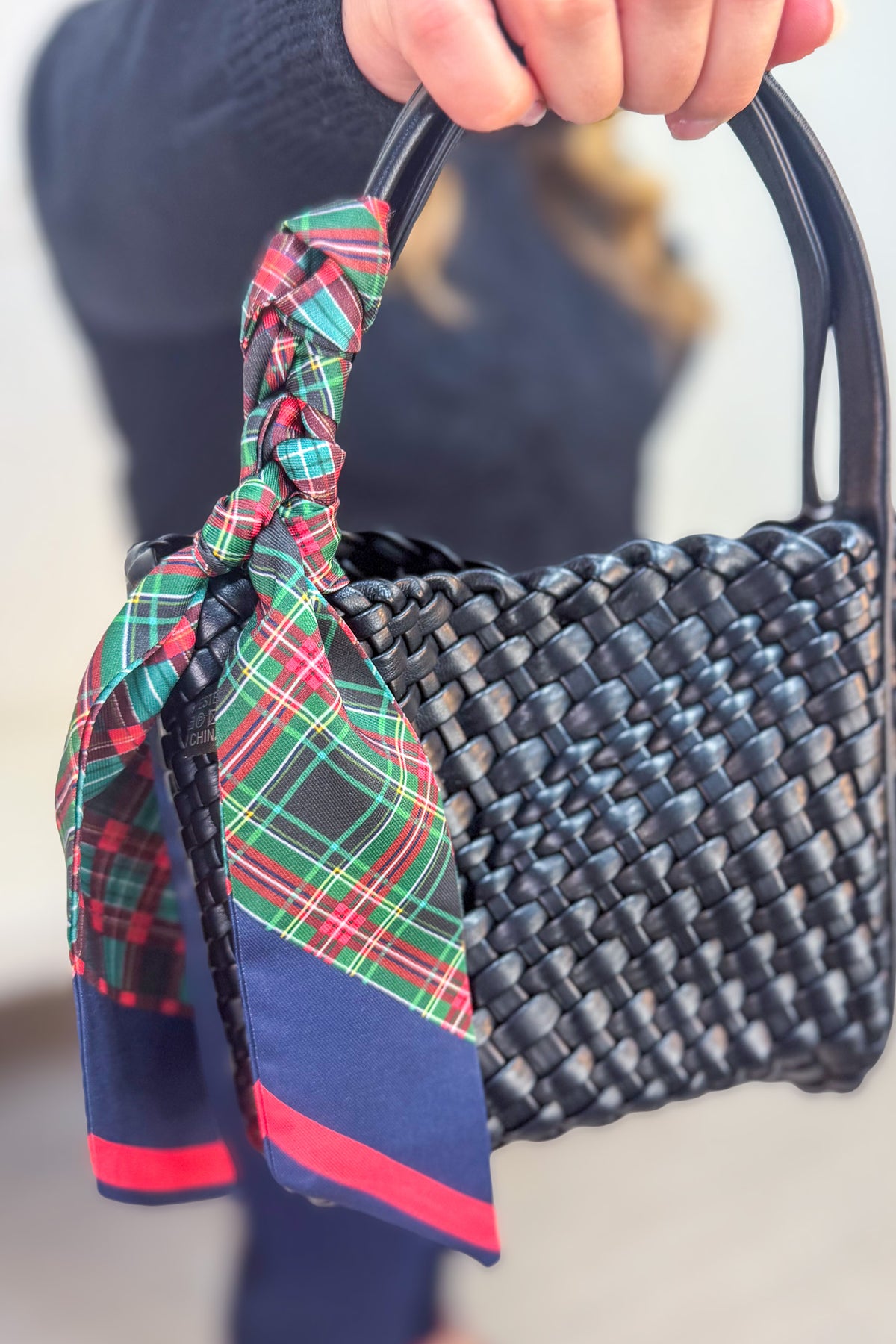Navy & Red Plaid Skinny Scarf