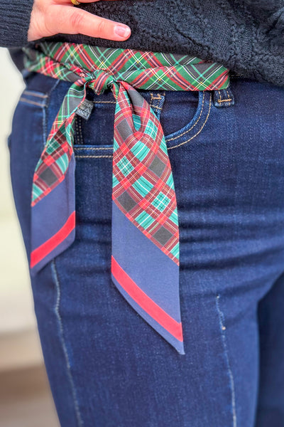 Navy & Red Plaid Skinny Scarf