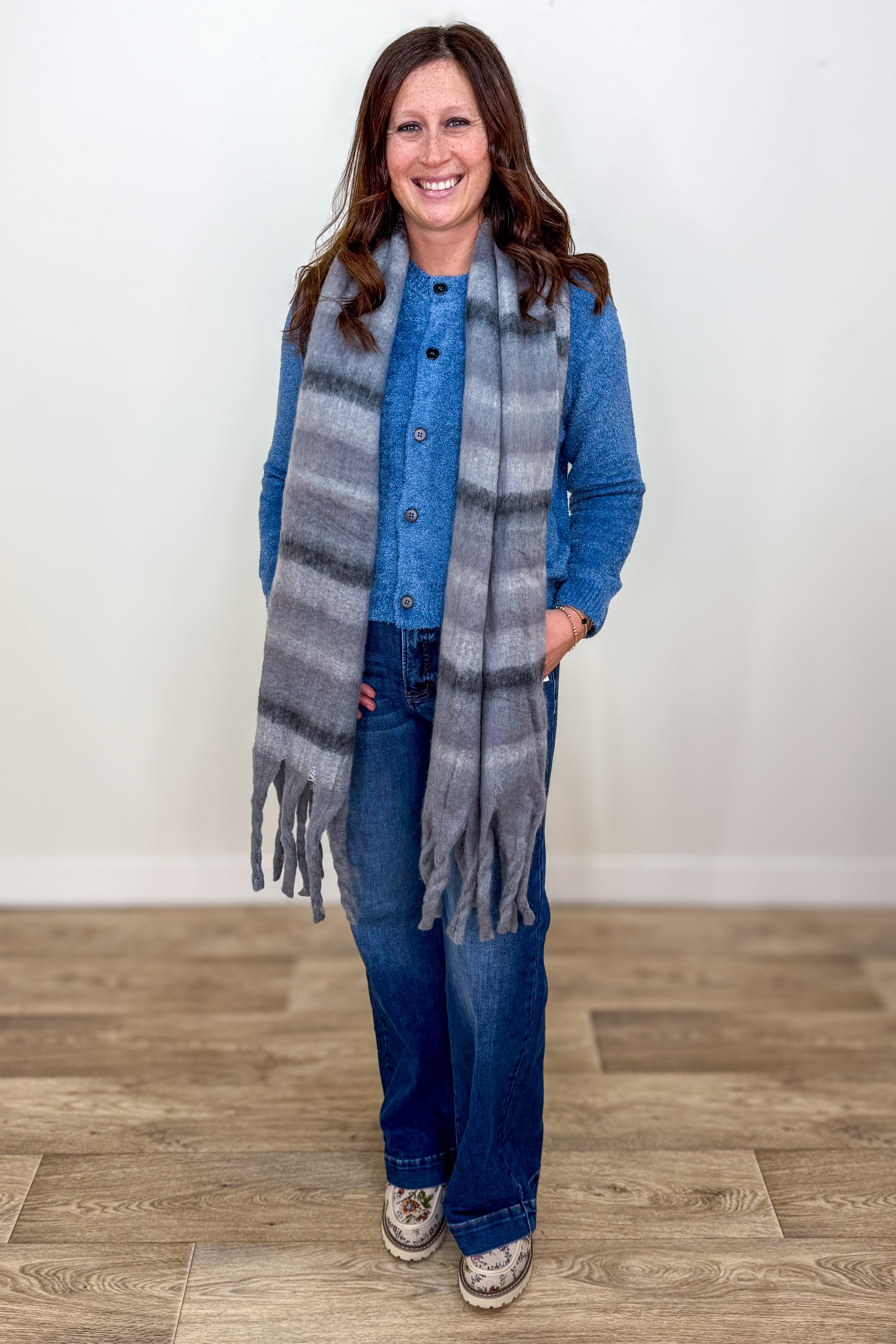 Dusty Blue 5 Button Sweater Styled