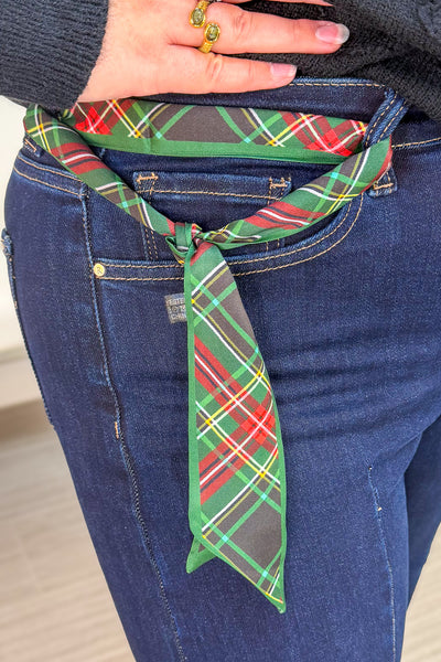 Green & Navy Plaid Skinny Scarf Styled