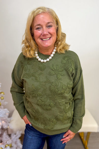 Green Floral Embroidered Sweater