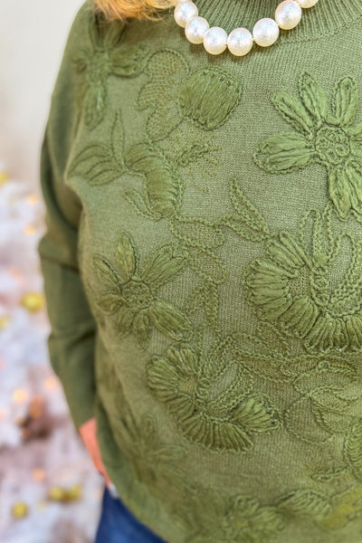 Green Floral Embroidered Sweater Detailed