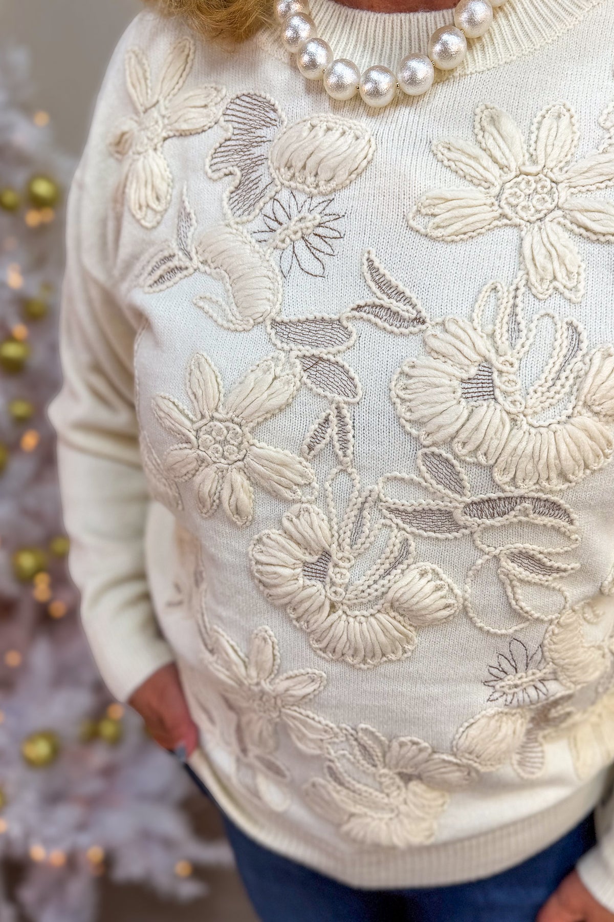 Cream Floral Embroidered Sweater Detailed
