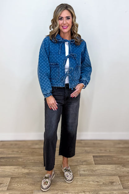 Washed Denim Quilted Front Tie Jacket Styled