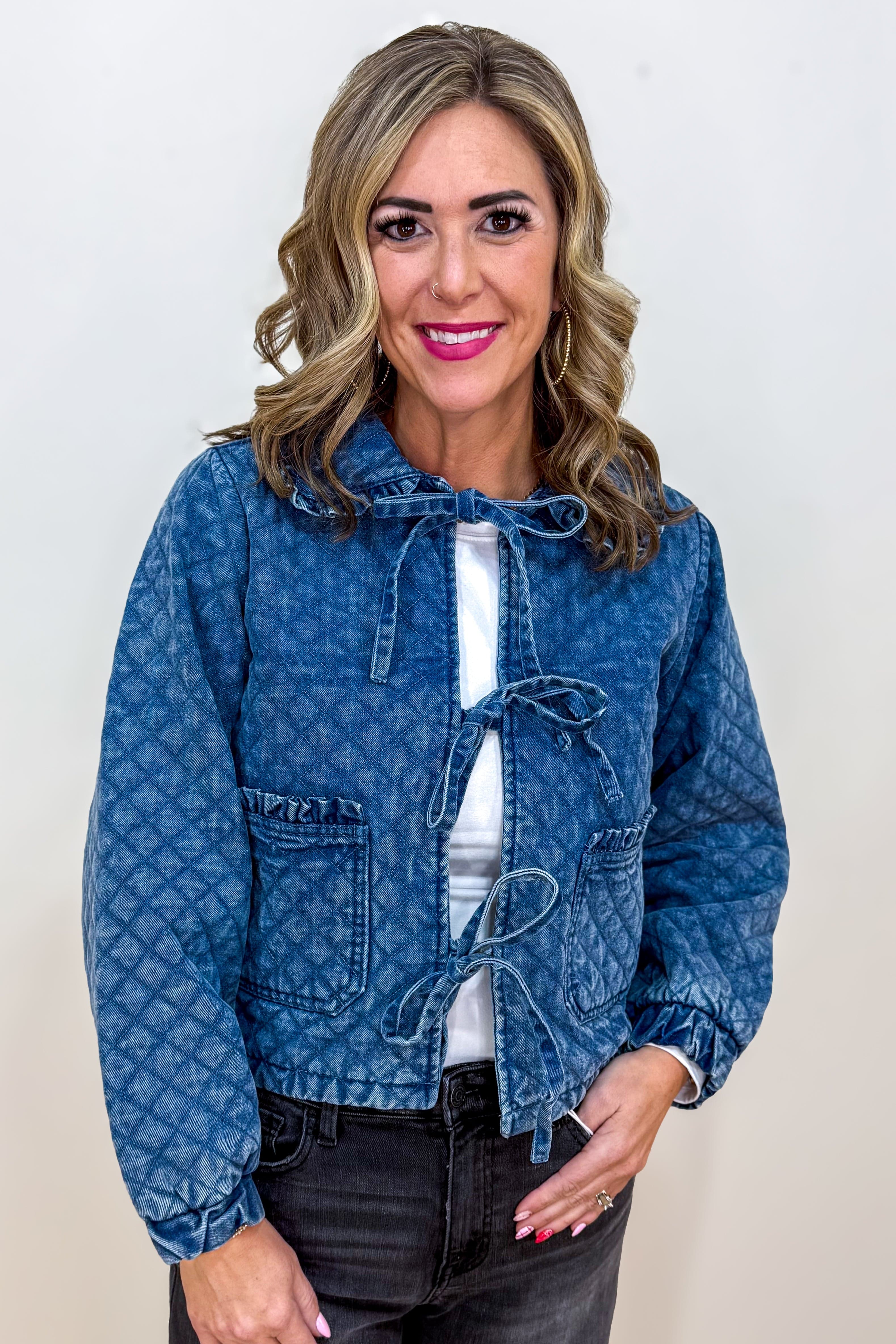 Washed Denim Quilted Front Tie Jacket