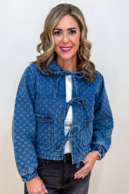 Washed Denim Quilted Front Tie Jacket