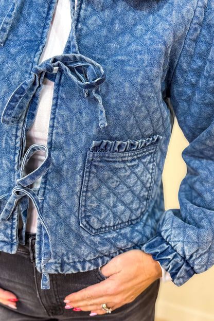 Washed Denim Quilted Front Tie Jacket Detailed
