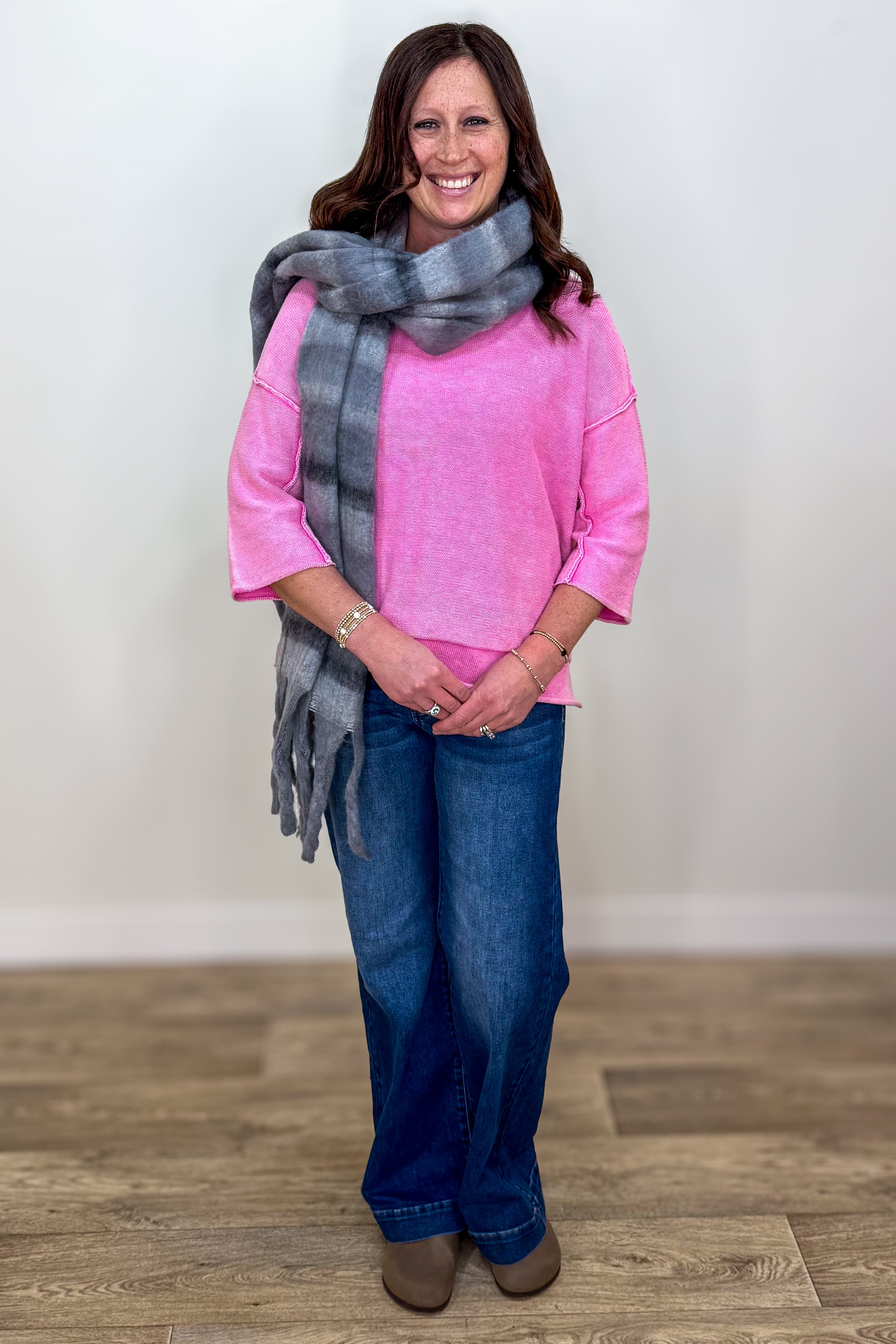 Candy Pink 3/4 Sleeve Boxy Sweater Styled