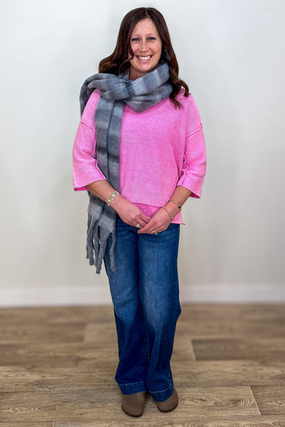 Candy Pink 3/4 Sleeve Boxy Sweater Styled