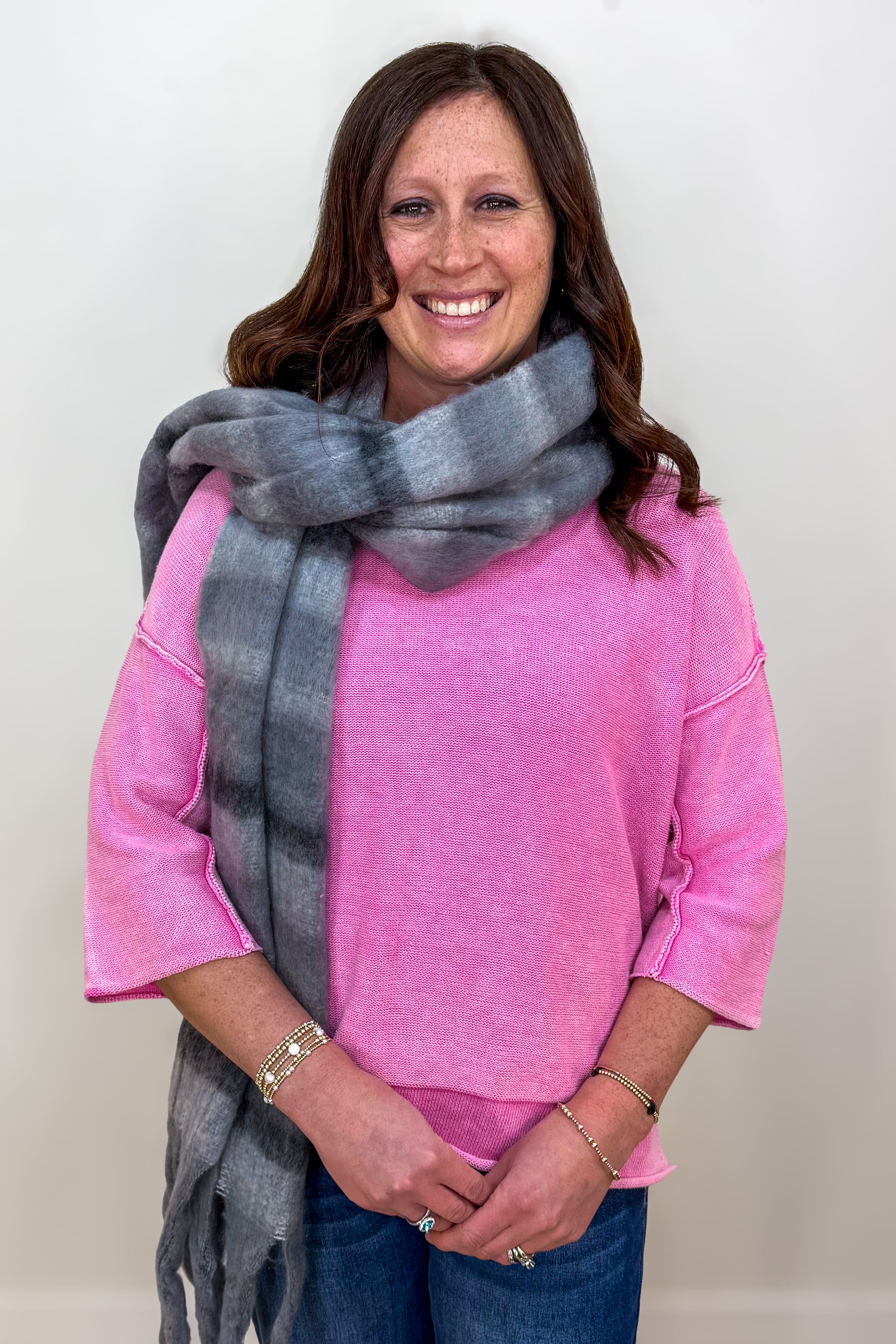 Candy Pink 3/4 Sleeve Boxy Sweater Styled