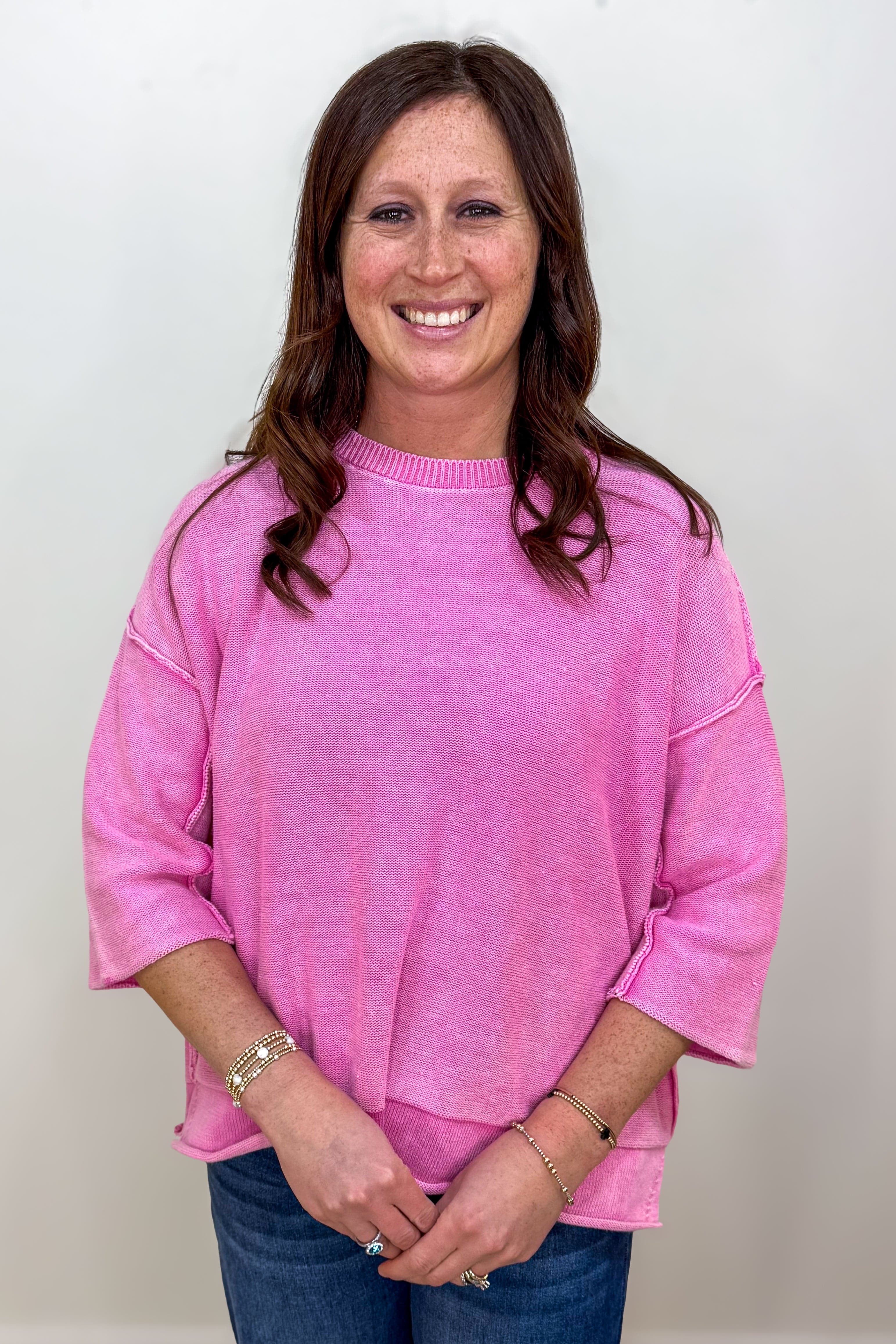 Candy Pink 3/4 Sleeve Boxy Sweater