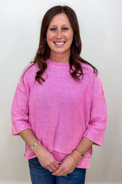 Candy Pink 3/4 Sleeve Boxy Sweater