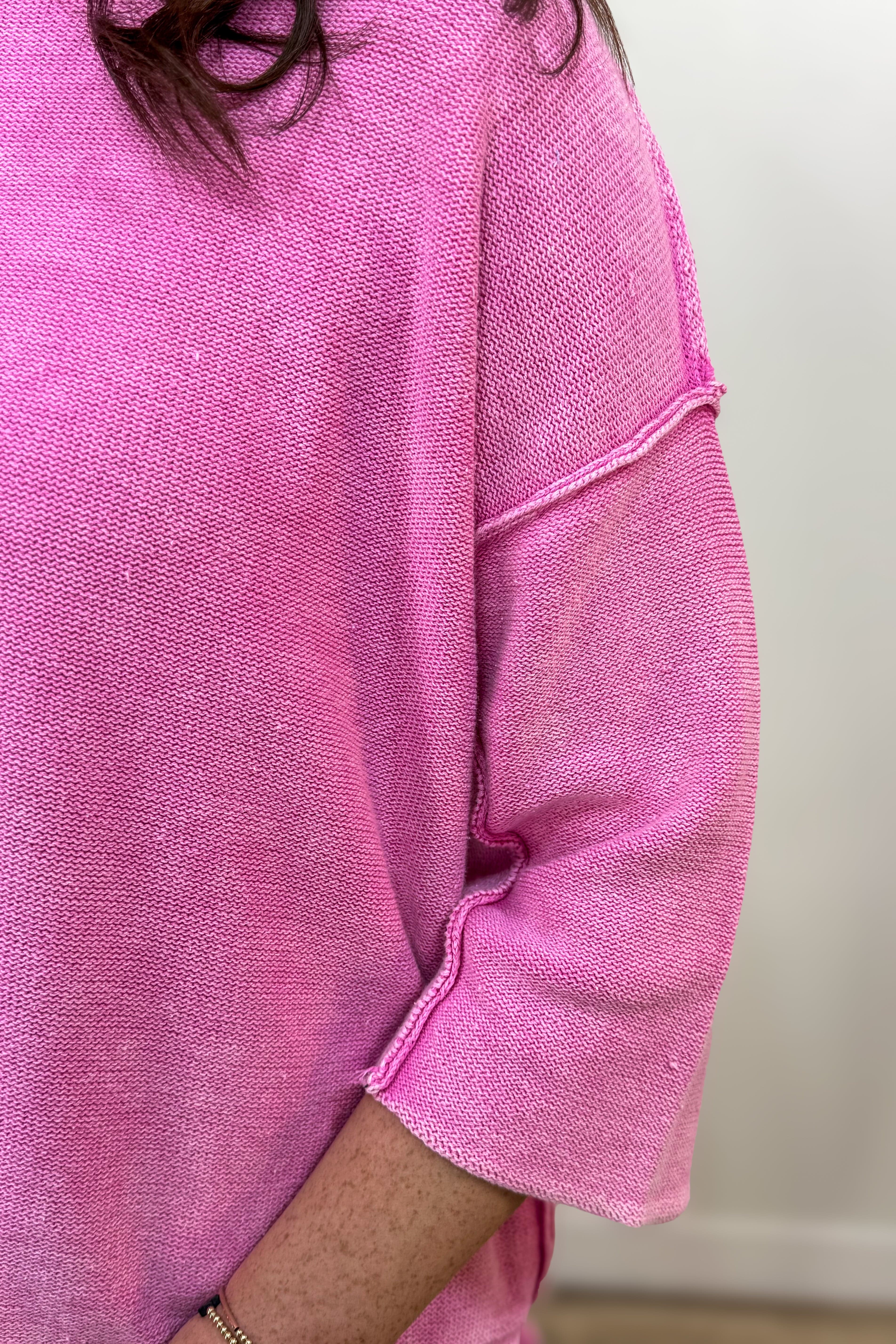 Candy Pink 3/4 Sleeve Boxy Sweater Detailed