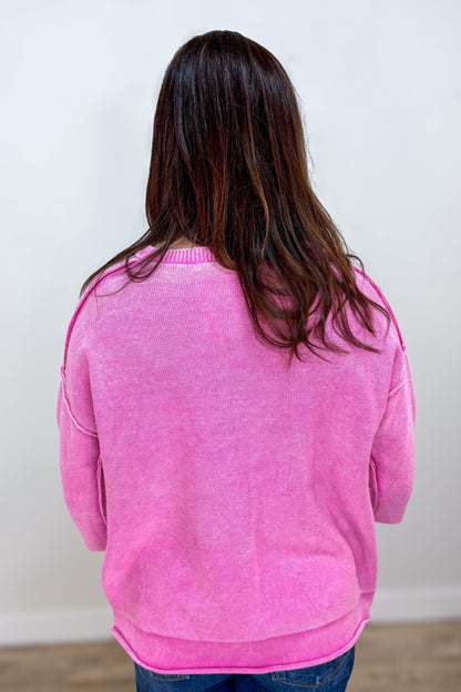 Candy Pink 3/4 Sleeve Boxy Sweater Back