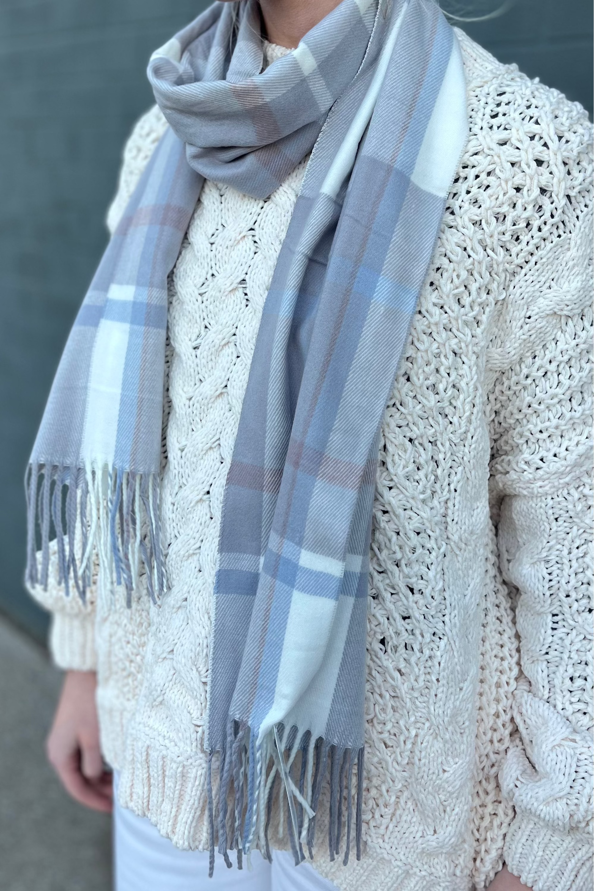 Light Grey & Blue Plaid Cashmere Feel Scarf