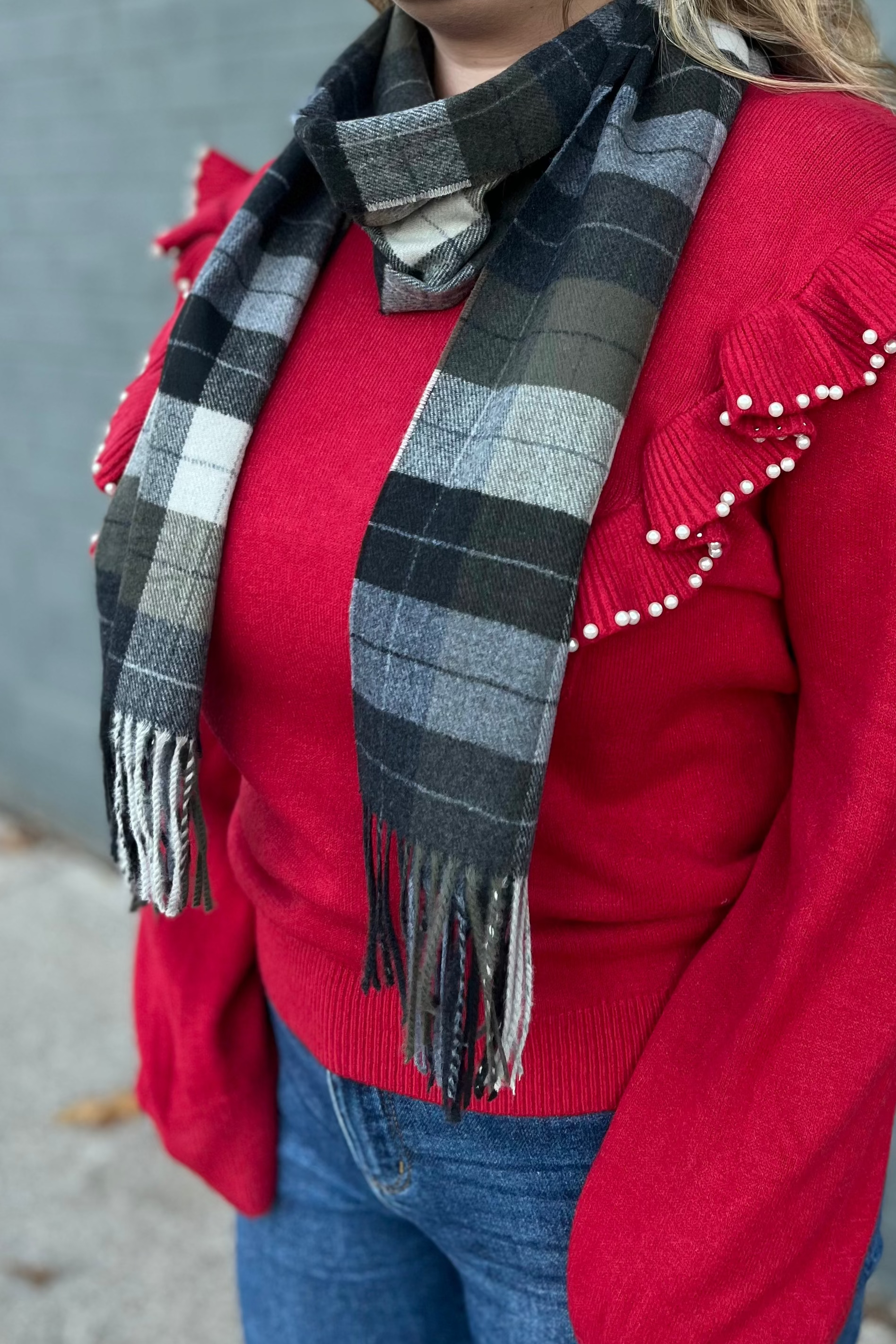 Olive & Charcoal Plaid Cashmere Feel Scarf