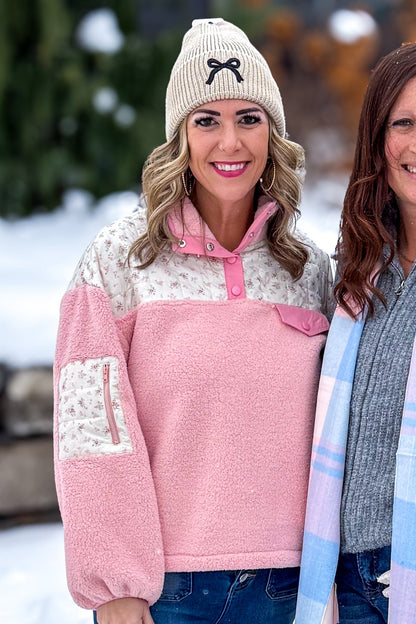 Pink Floral & Fleece Quarter Snap Sweater 