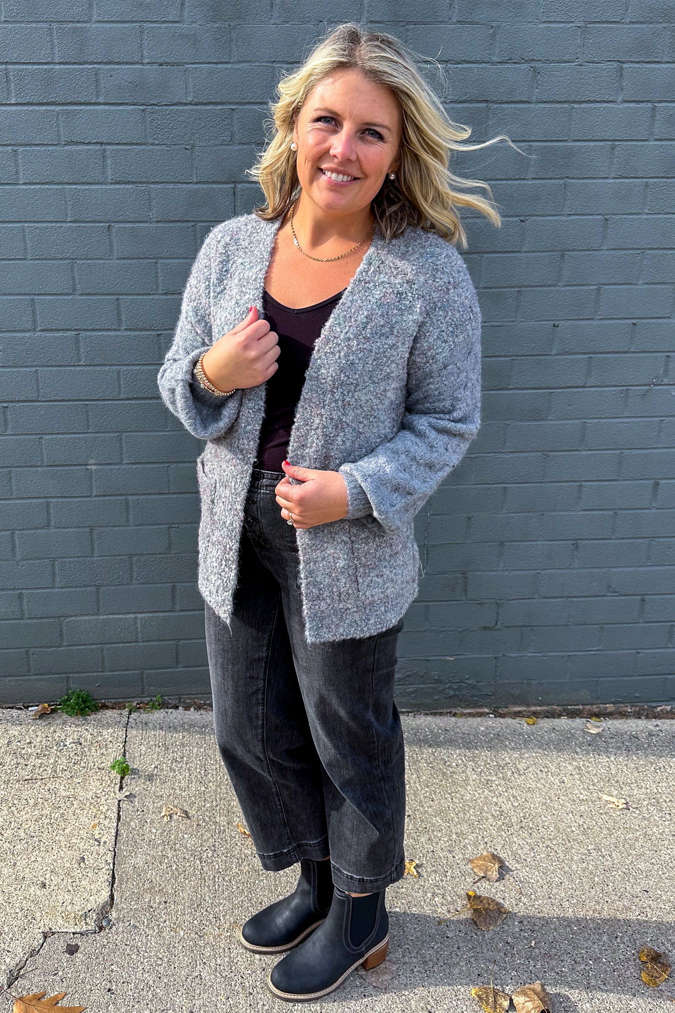 Sage & Grey Colorblock Cardigan styled