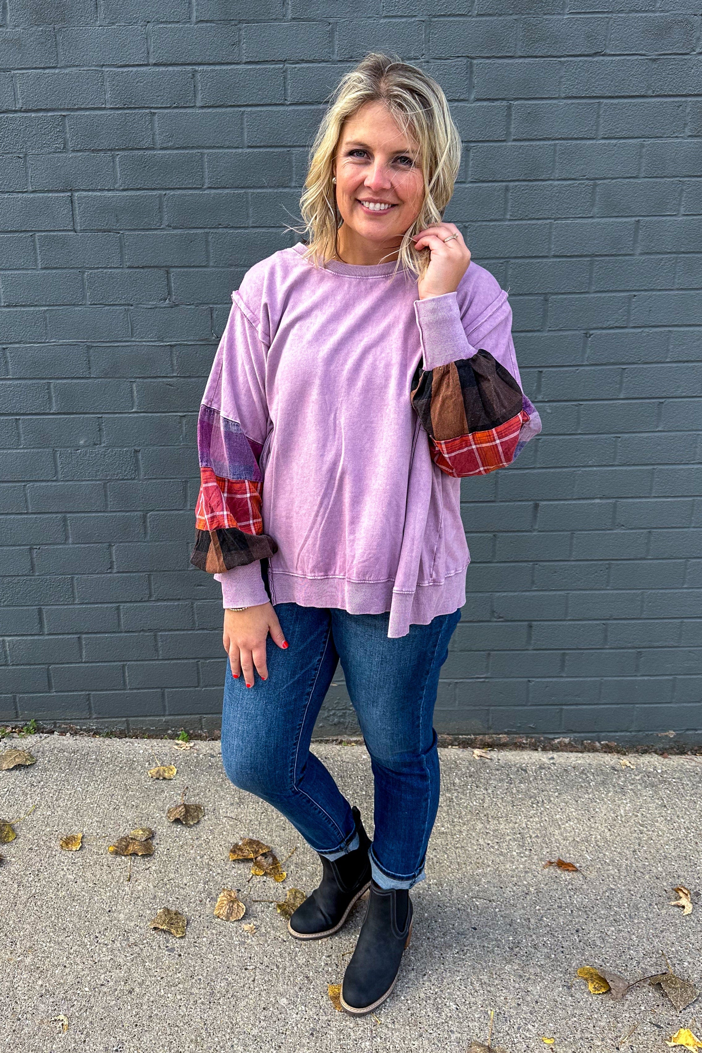 Dusty Taro Mix Plaid Top