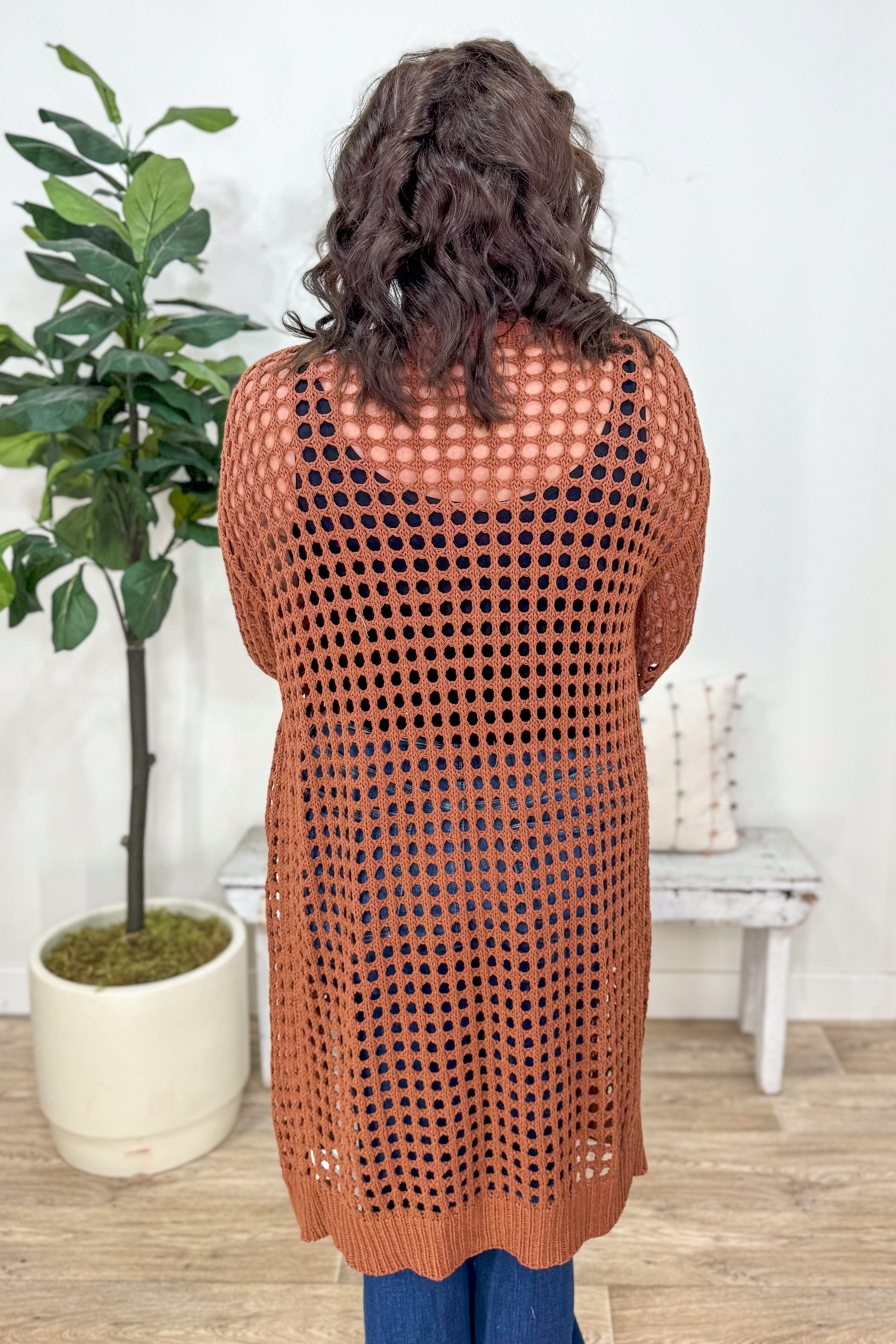 Cognac Enya Long Crochet Cardigan back