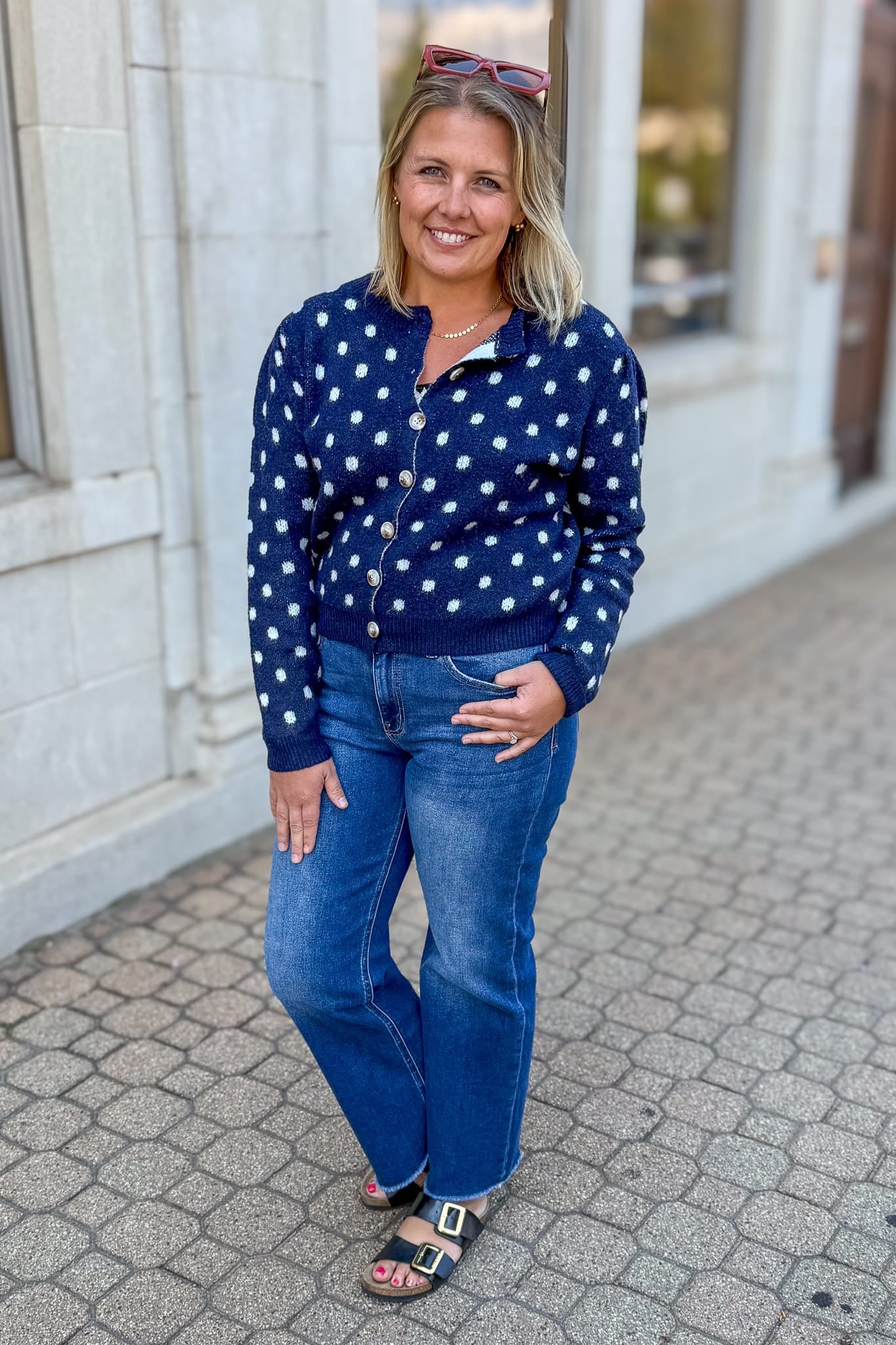Navy Polka Dot Cardigan Sweater