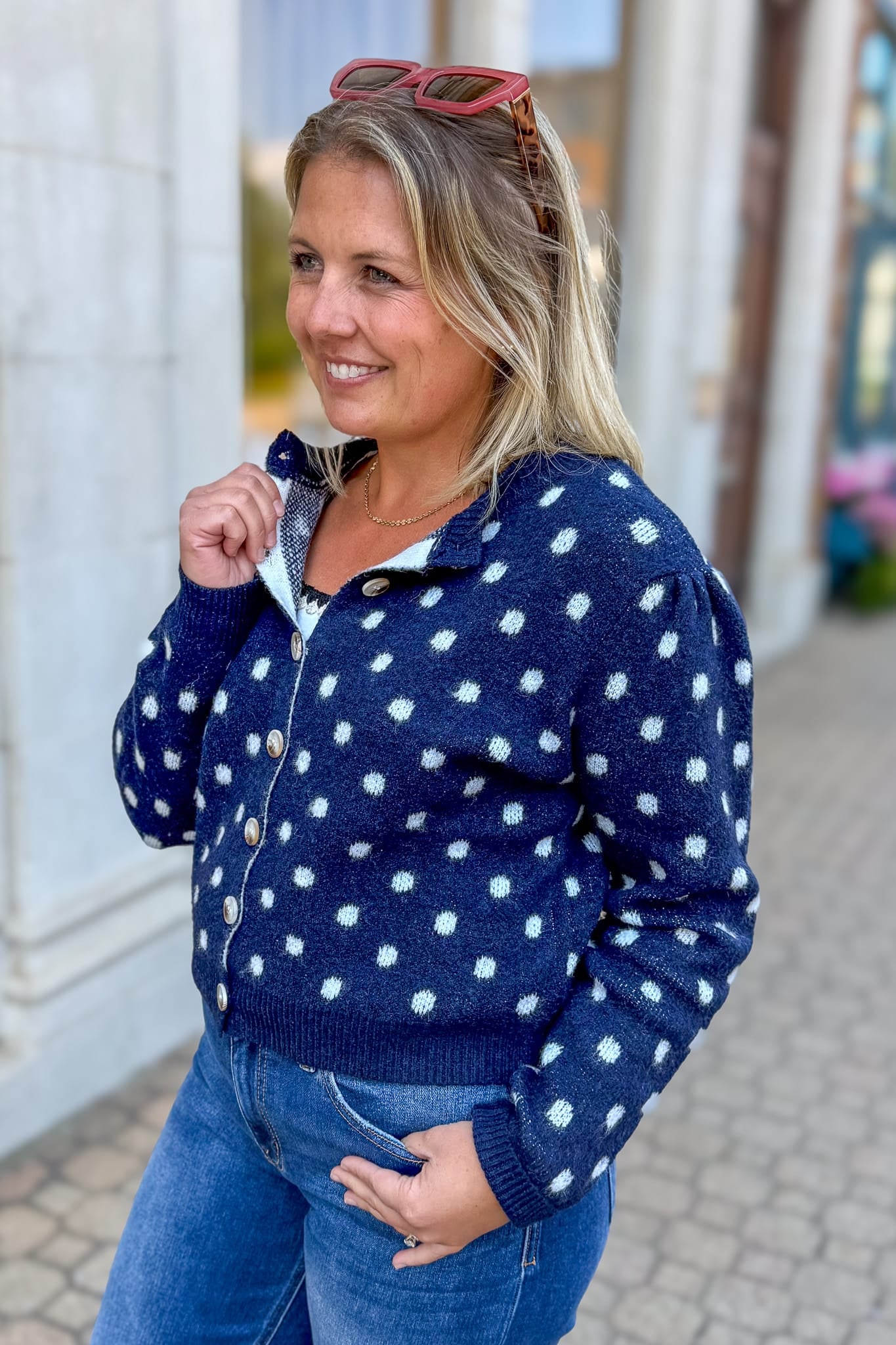 Navy Polka Dot Cardigan Sweater