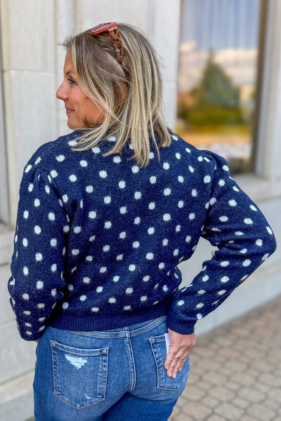 Navy Polka Dot Cardigan Sweater Back
