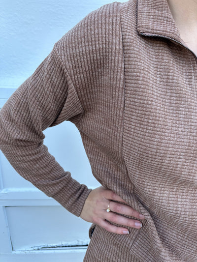 Mocha Half Zip-Up Textured Top
