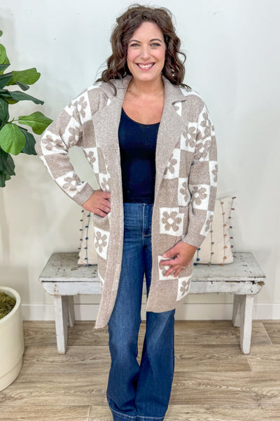 Khaki Flower Checkered Cardigan styled