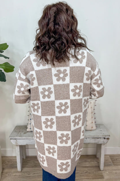 Khaki Flower Checkered Cardigan back