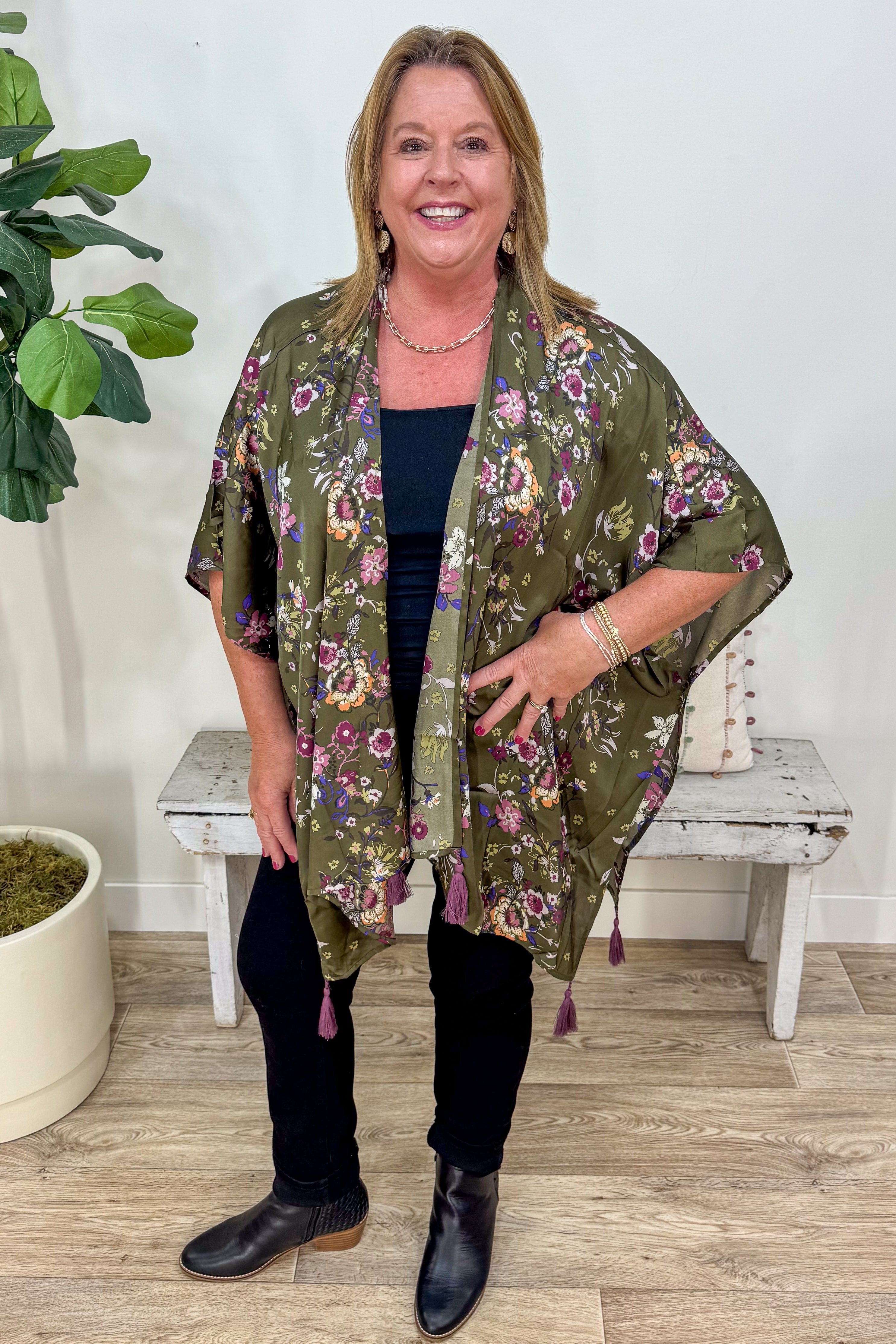 Olive Floral Satin Kimono styled