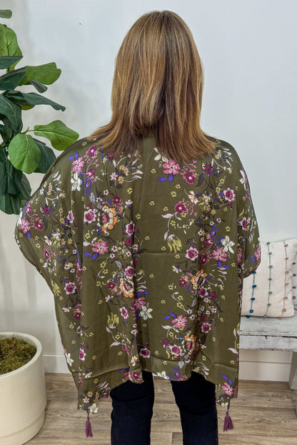 Olive Floral Satin Kimono back